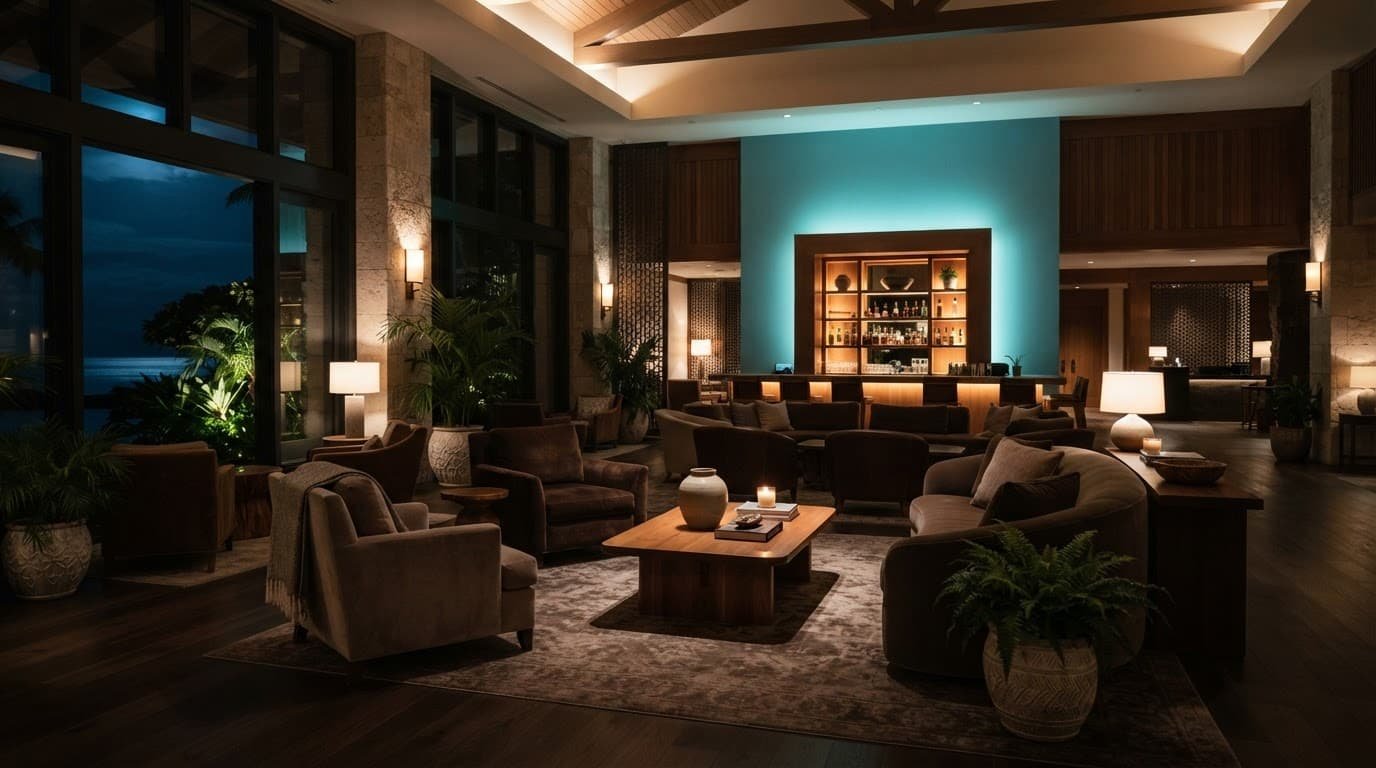 Quiet resort lobby with plush chairs, warm lights, and cyan accents.