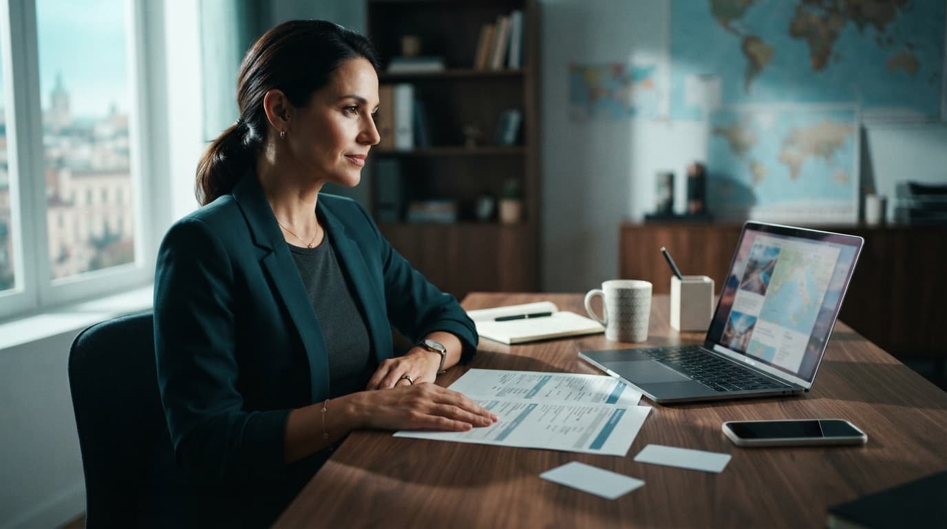 Travel Advisor vs Direct for Complex Family Vacations Travel advisor at a desk with a laptop, itinerary, hotel key cards, and phone.