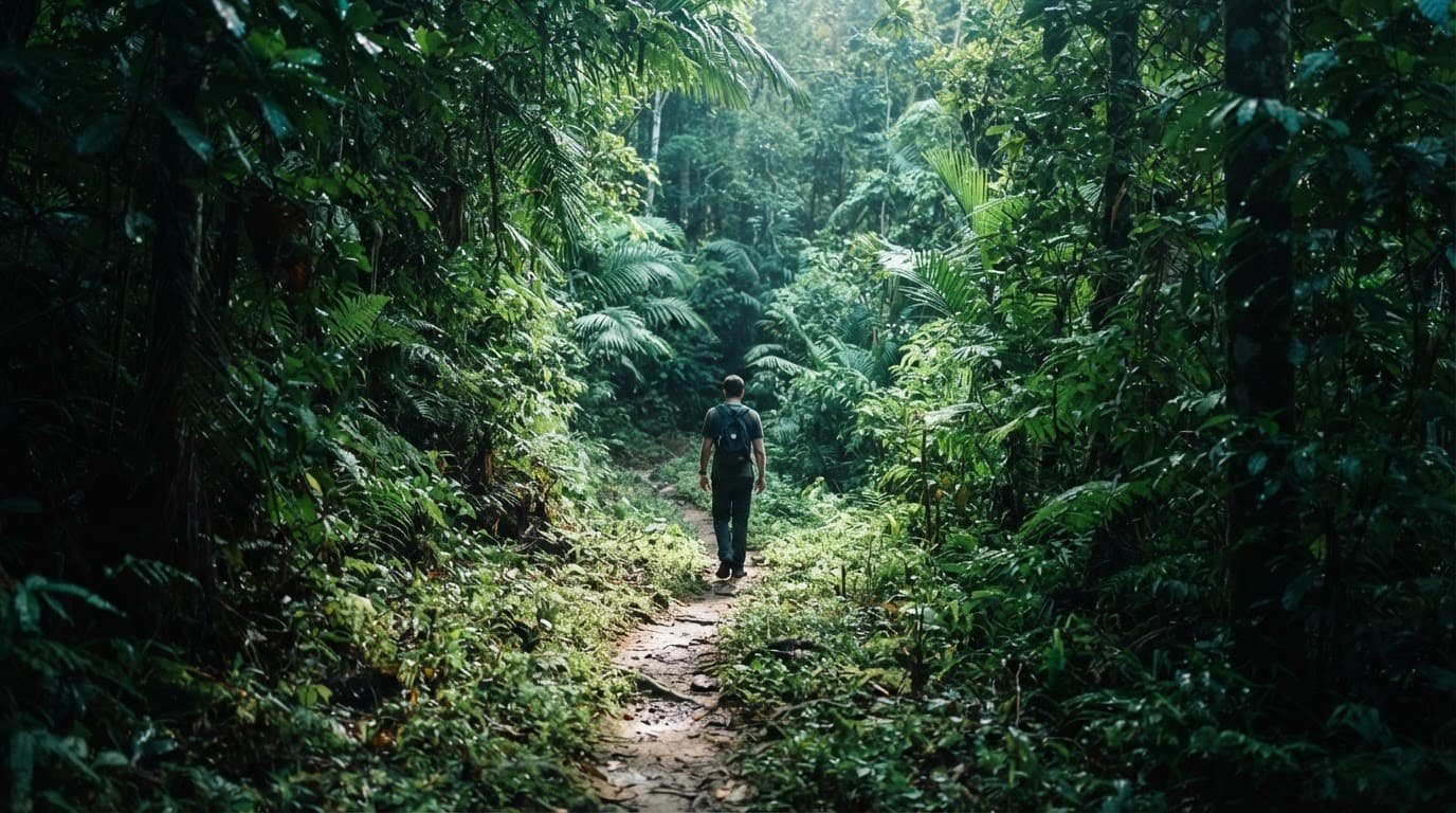 A person walks along a lush jungle trail beneath dappled sunlight.
