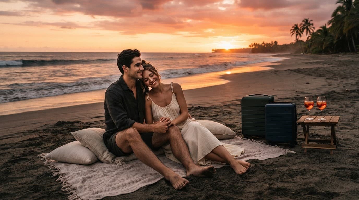 Honeymoon vs Mini-Moon: Pick a Trip That Fits Newlywed couple relaxing on a tropical beach with luggage and two drinks at sunset.