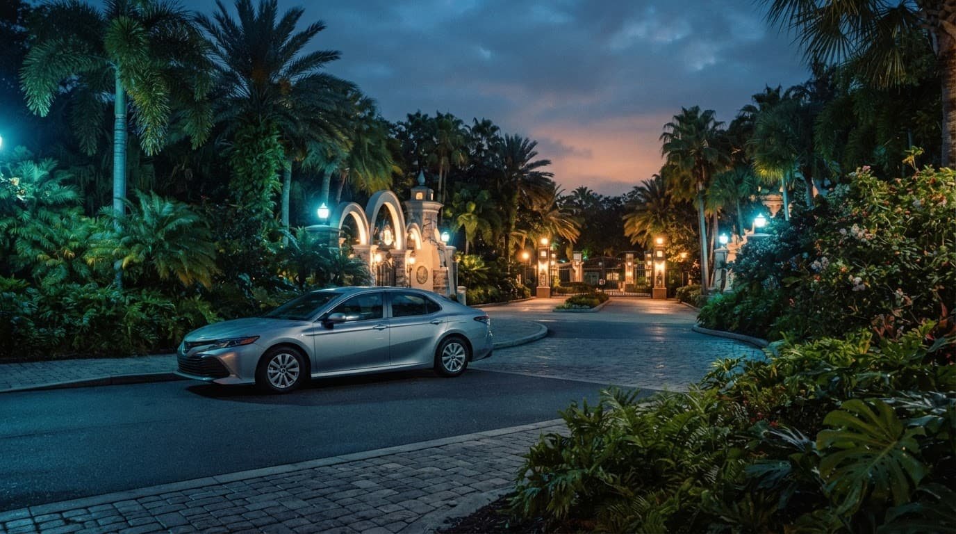 A rental car parked near a tropical theme park entrance at dusk.