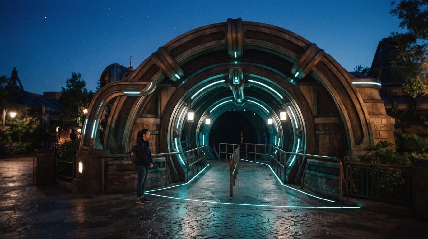 Hollywood Studios Autism Guide for First Disney Families One person stands beside a softly lit theme park ride entrance at twilight.