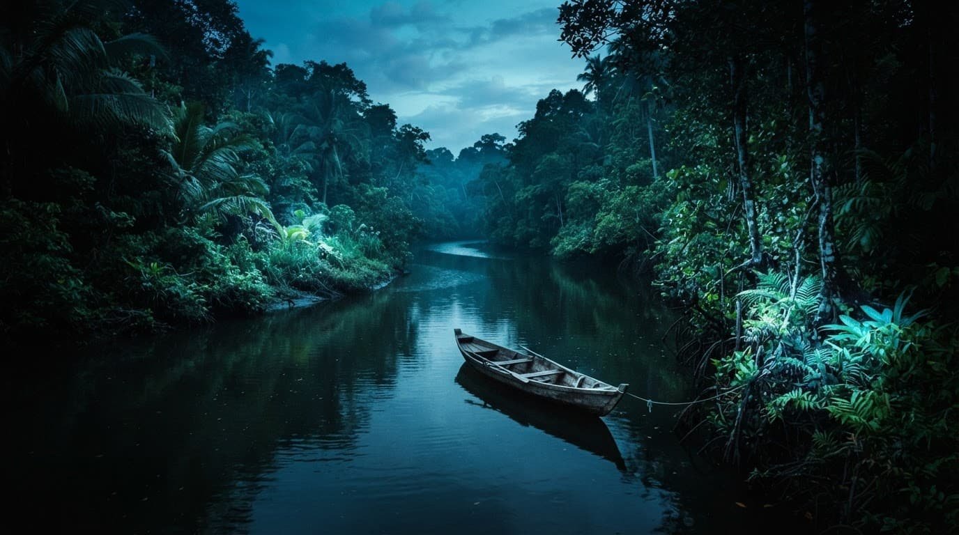 An empty wooden boat rests on a calm river in a tropical forest.