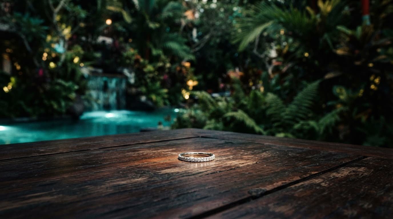 A wedding ring rests on a wooden table beside a lush resort garden.