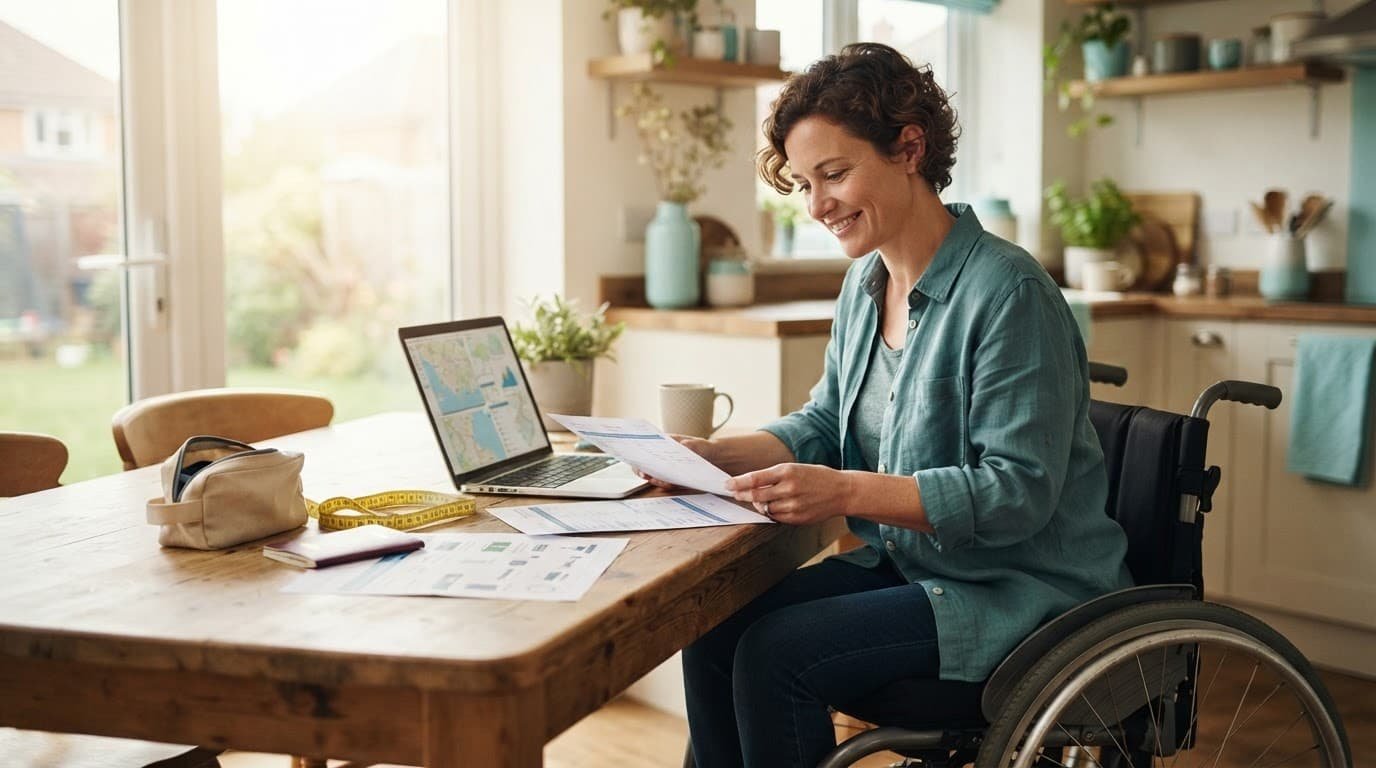 A wheelchair user reviews travel papers beside an open laptop and manual wheelchair.