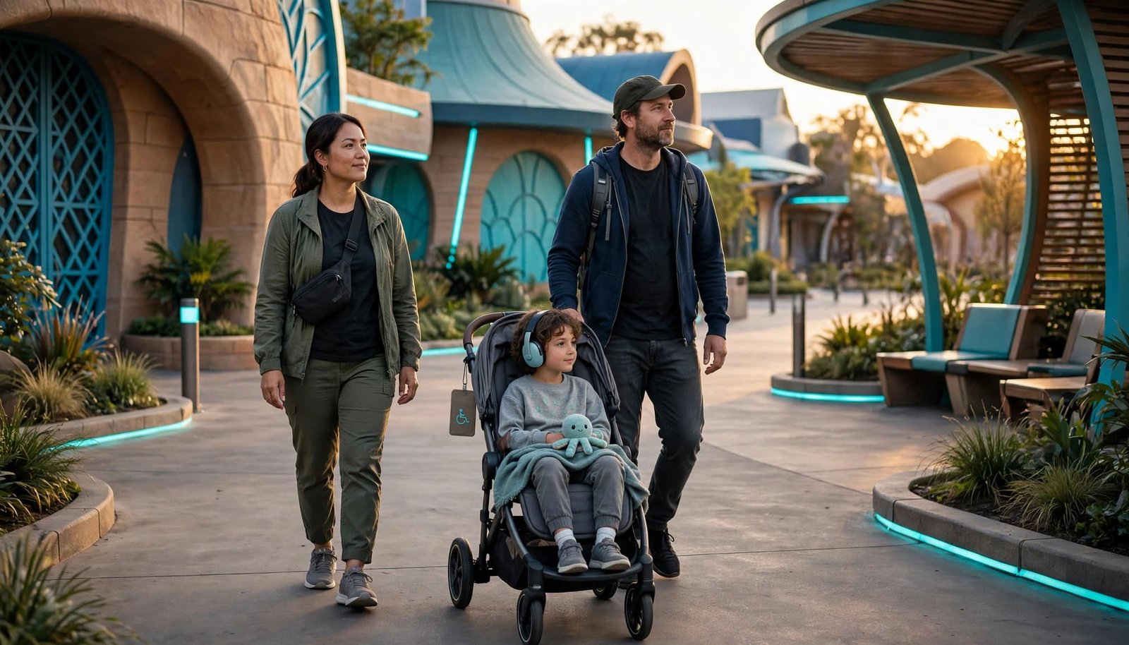 Epic Universe Autism Planning for Your First Family Visit Two caregivers and a child walk beside a stroller on a quiet, accessible theme-park path.