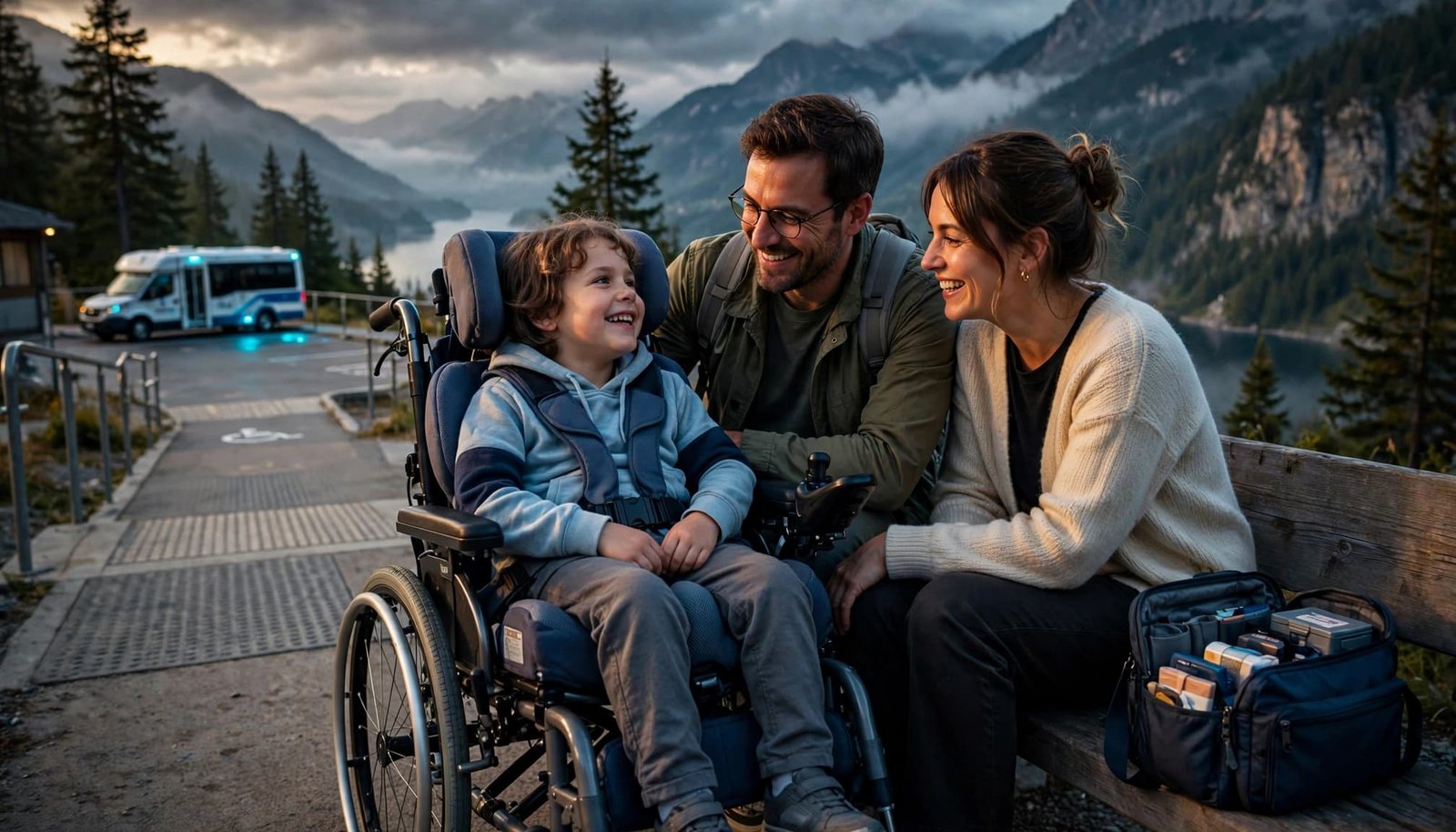 Child in a mobility chair relaxing with two parents near an accessible hotel pathway.