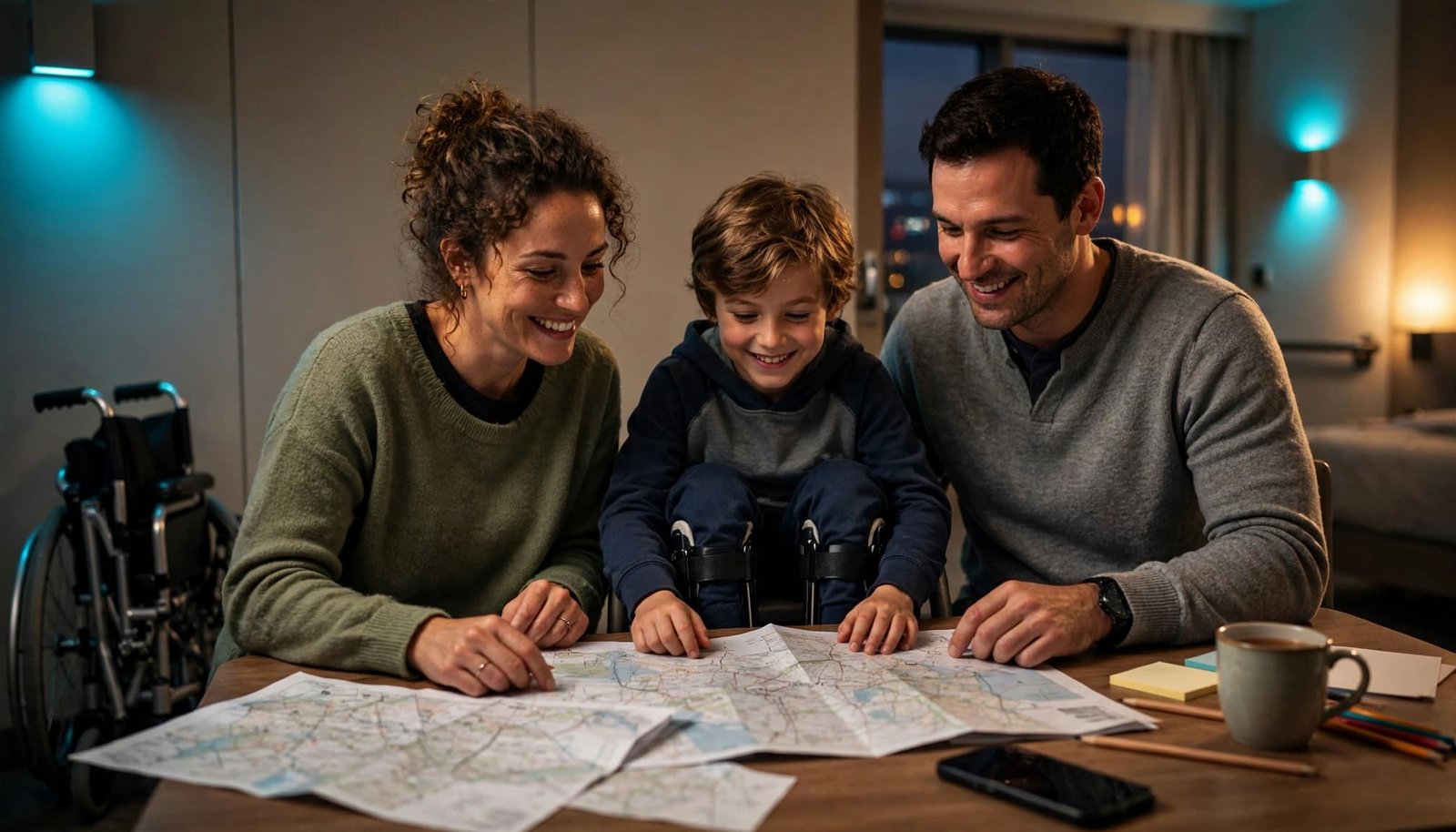 A child and two parents plan a trip at a hotel table beside a folded wheelchair.