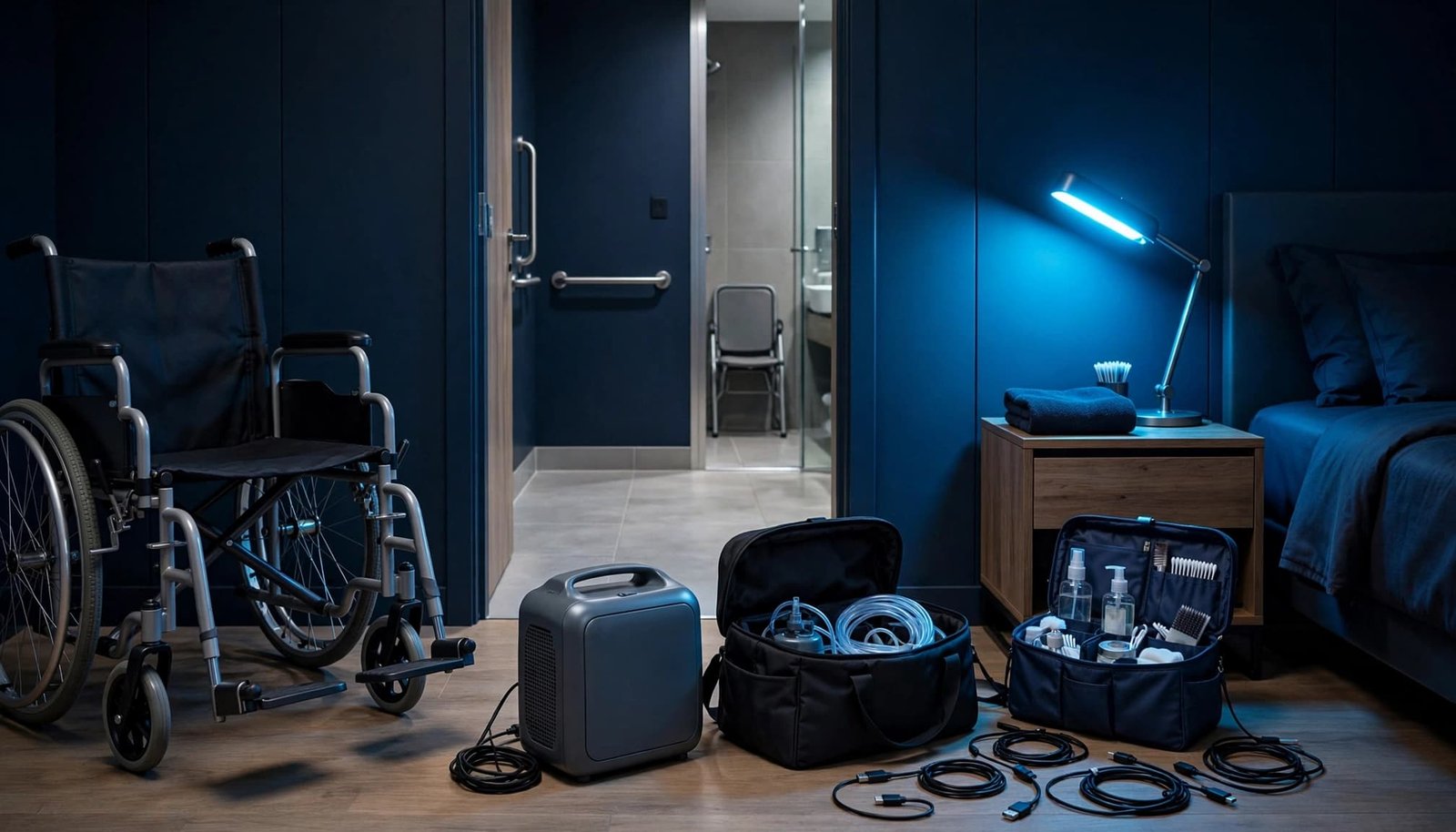 A wheelchair and medical travel equipment arranged beside a hotel bed.