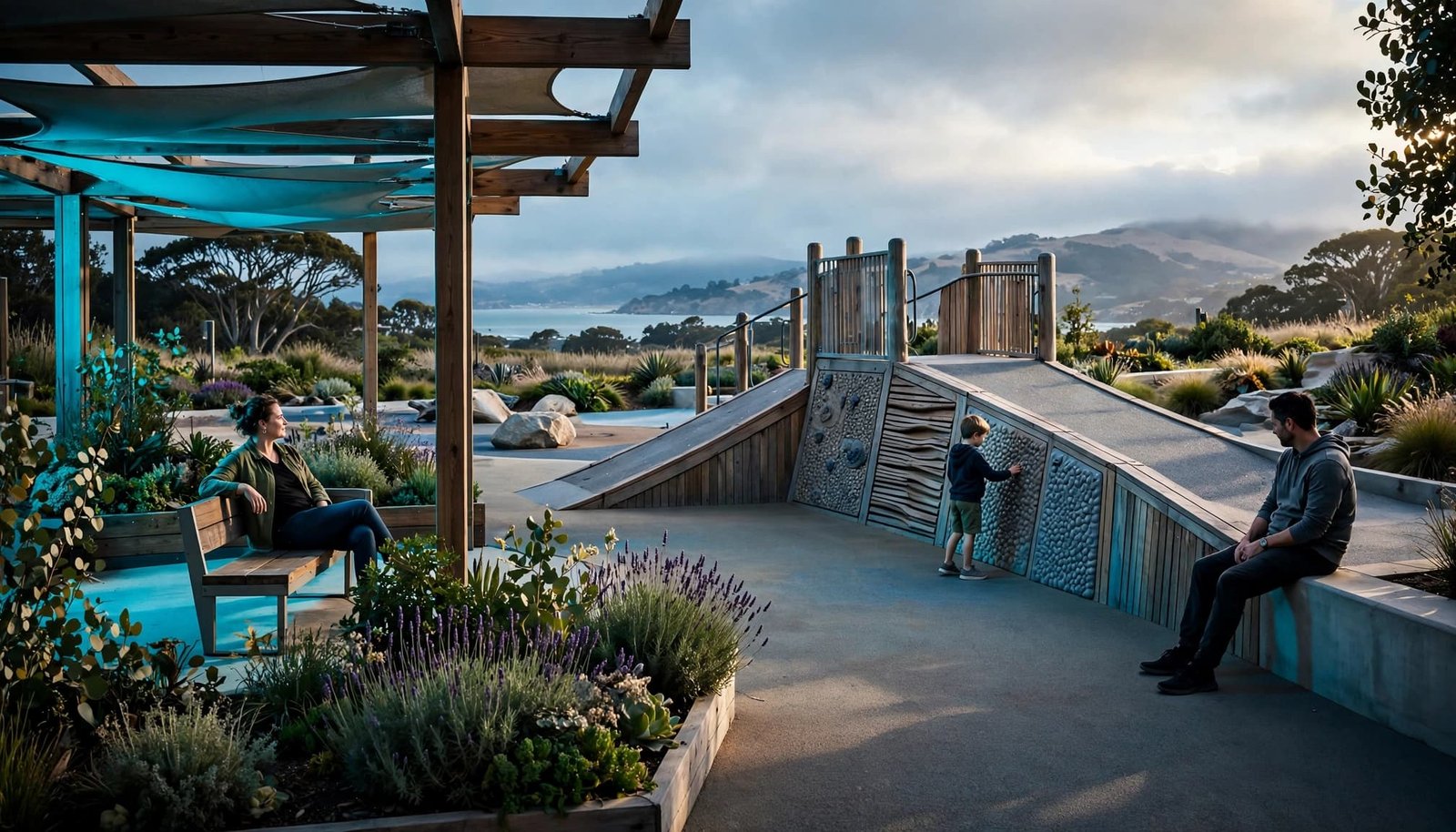 Autism-Friendly San Francisco Family Vacation Guide Two adults and a child use an accessible playground with ramps, textured equipment, and shaded seating.