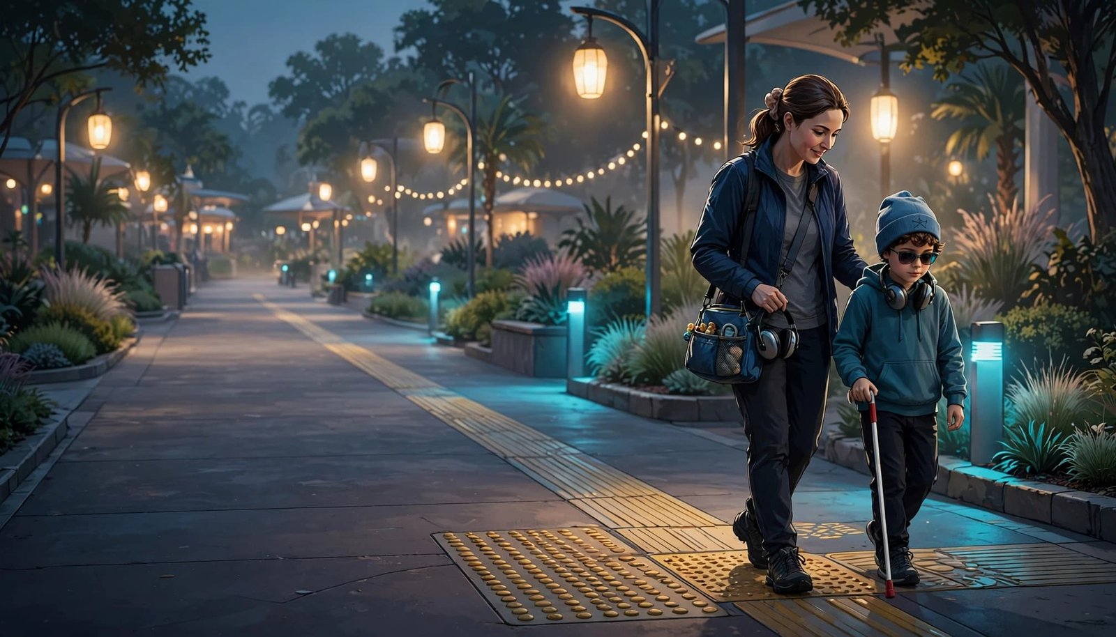 Disney Low Vision Planning for Autistic Kids A parent and child walk along a theme park path with a mobility aid and sensory bag.