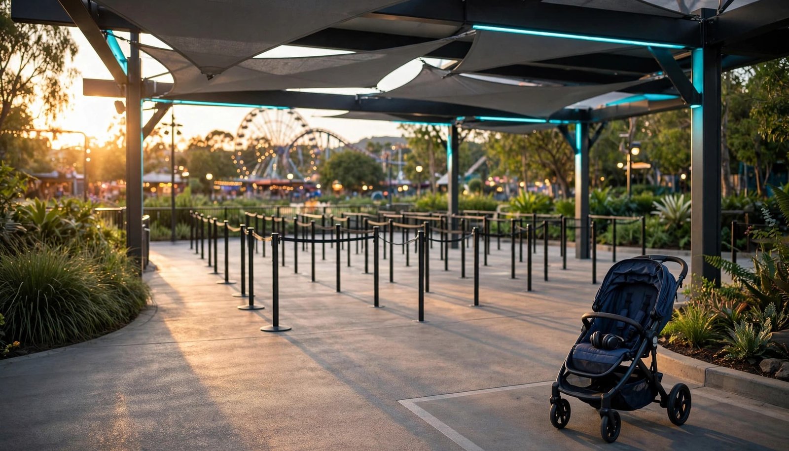 Disney Autism Planning Worksheets for Calmer Park Days An empty shaded queue with a stroller and headphones in a theme park.