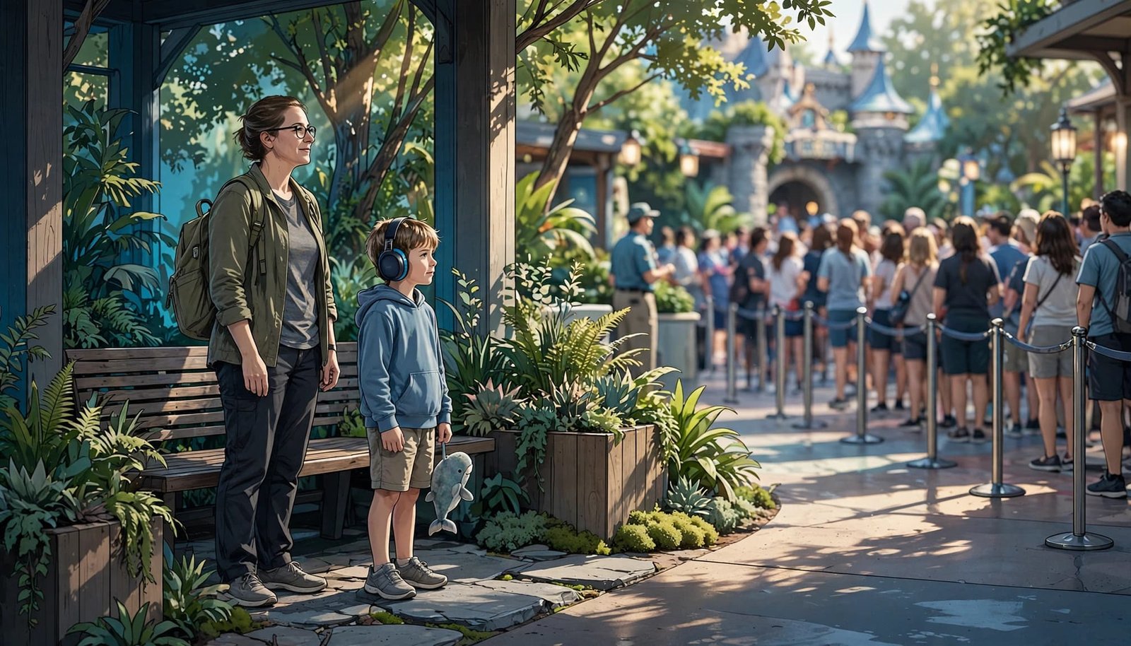 Disney Autism Waiting Without Pressure: A Family Plan A caregiver and child wait in a shaded theme park area beside benches and greenery.
