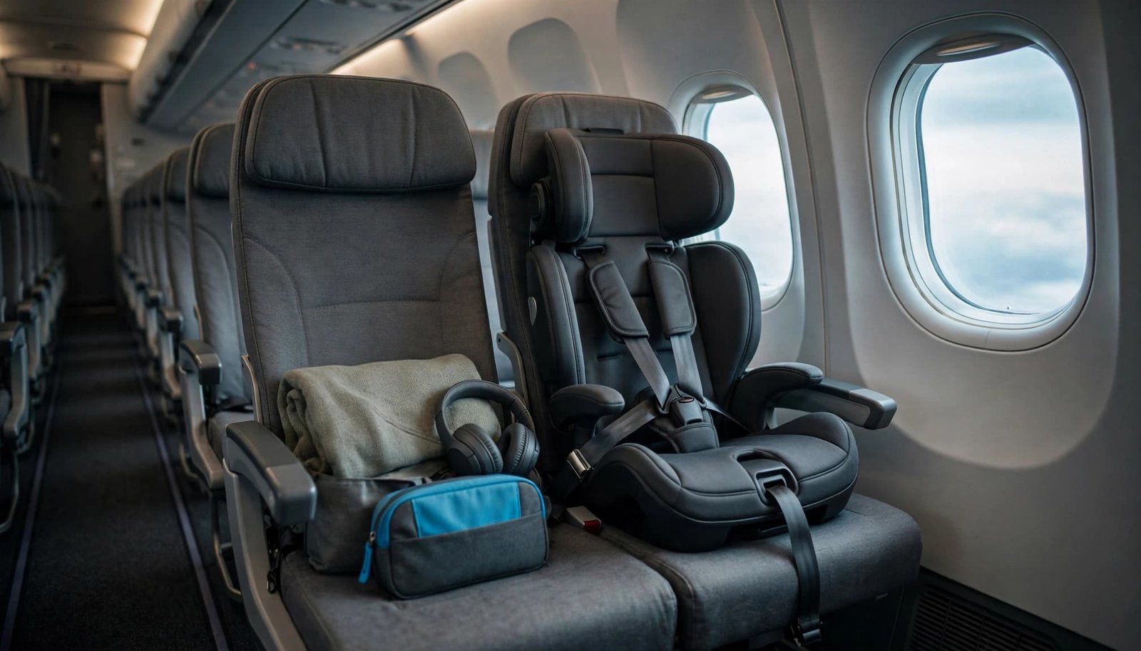Adaptive child seating and travel items arranged on an empty airplane seat.