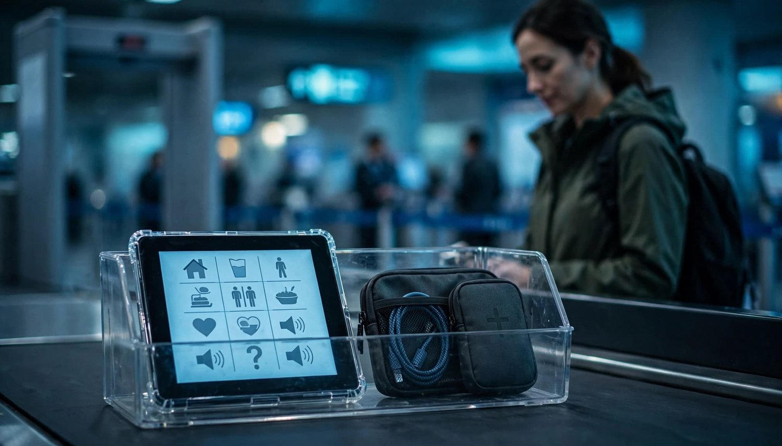 AAC Device Travel: A Practical Family Vacation Plan Traveler with an AAC tablet and medical pouch at an airport security checkpoint.