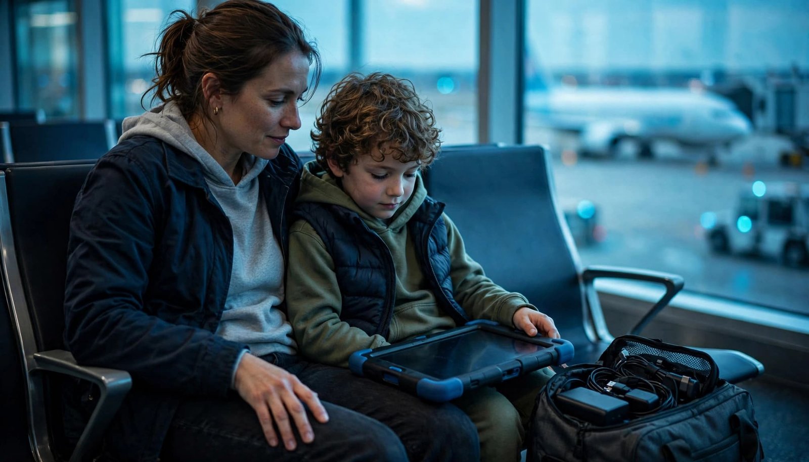AAC Device Travel: A Practical Family Vacation Plan Parent and child sit at an airport gate with an AAC tablet and travel bag.