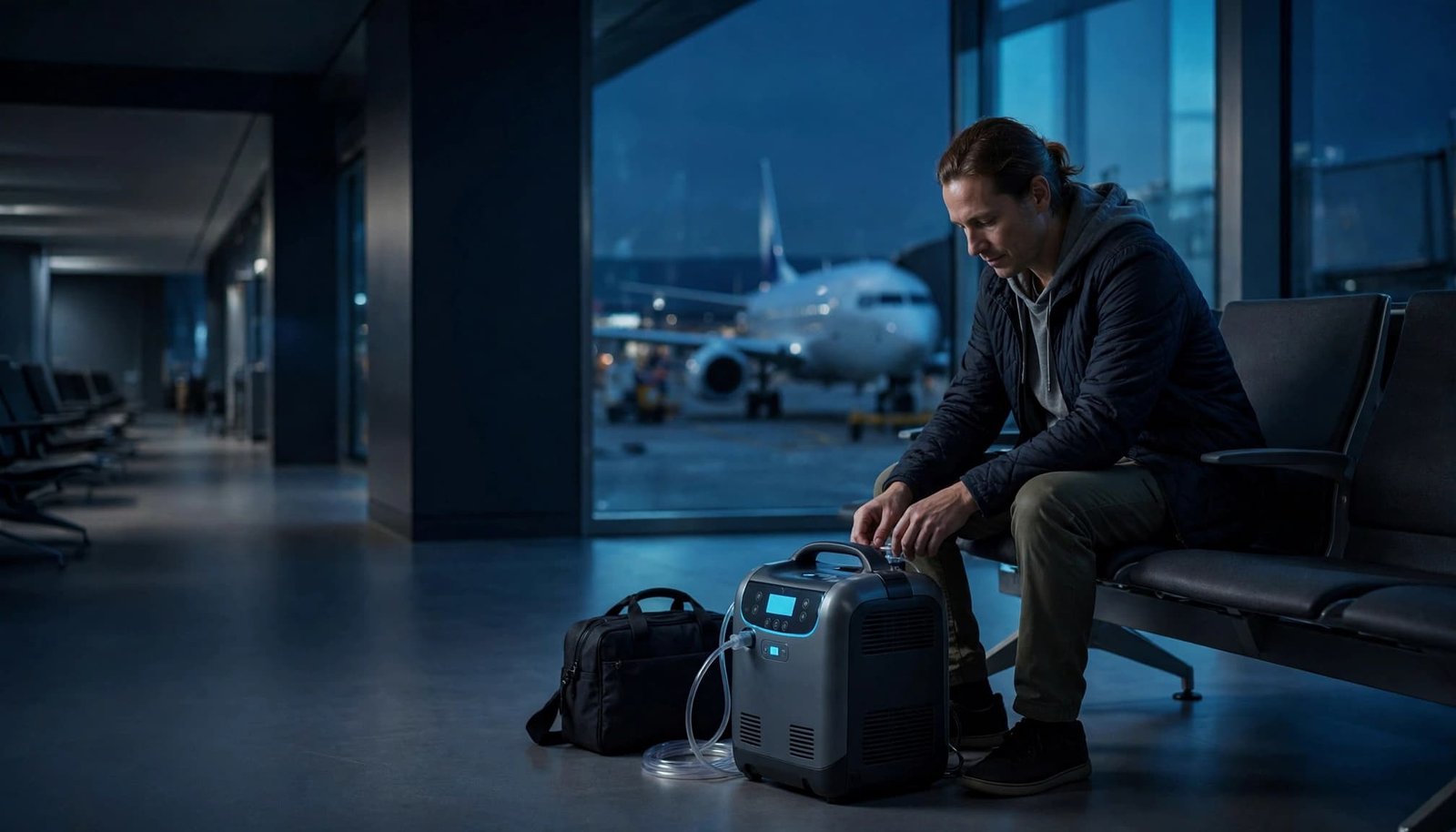 An adult sits beside an oxygen concentrator and carry-on at an airport gate.