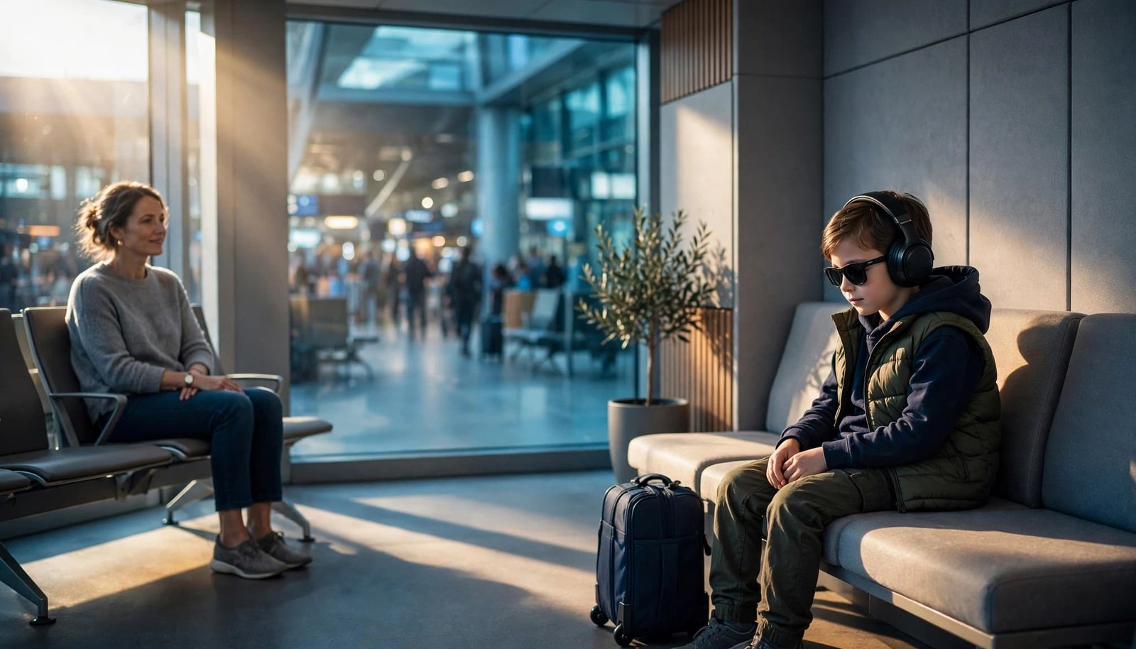 Traveling With Sensory Processing Disorder: A Family Vacation Guide Child wearing headphones rests beside a suitcase while a parent sits nearby at an airport window.