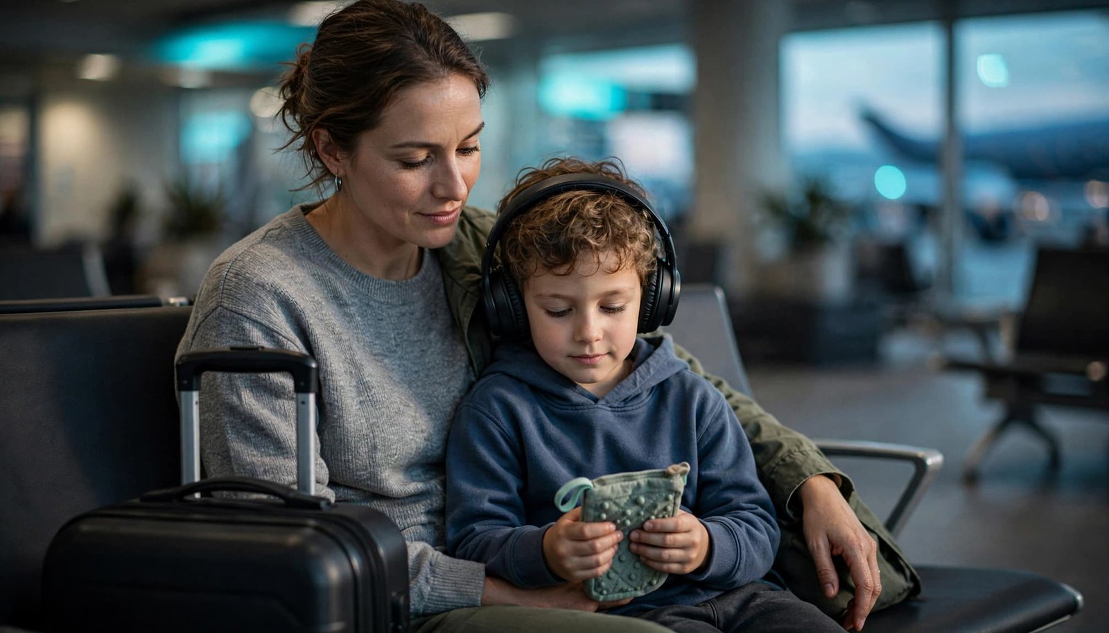 Parent and child sit in an airport, with the child wearing headphones and holding a comfort pouch.