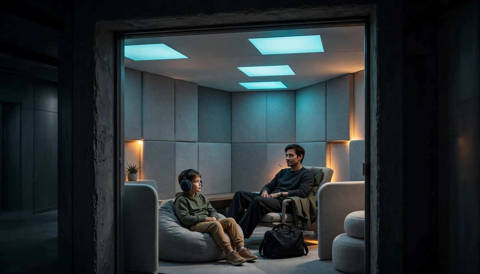 Child in earmuffs rests in a beanbag while a parent sits nearby in a quiet airport room.