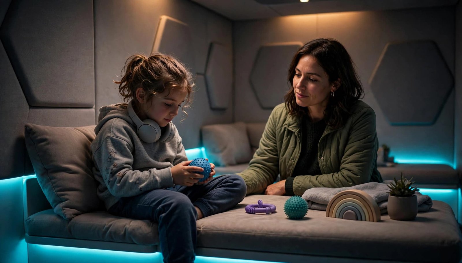 A child and parent relax in a softly lit airport sensory room.