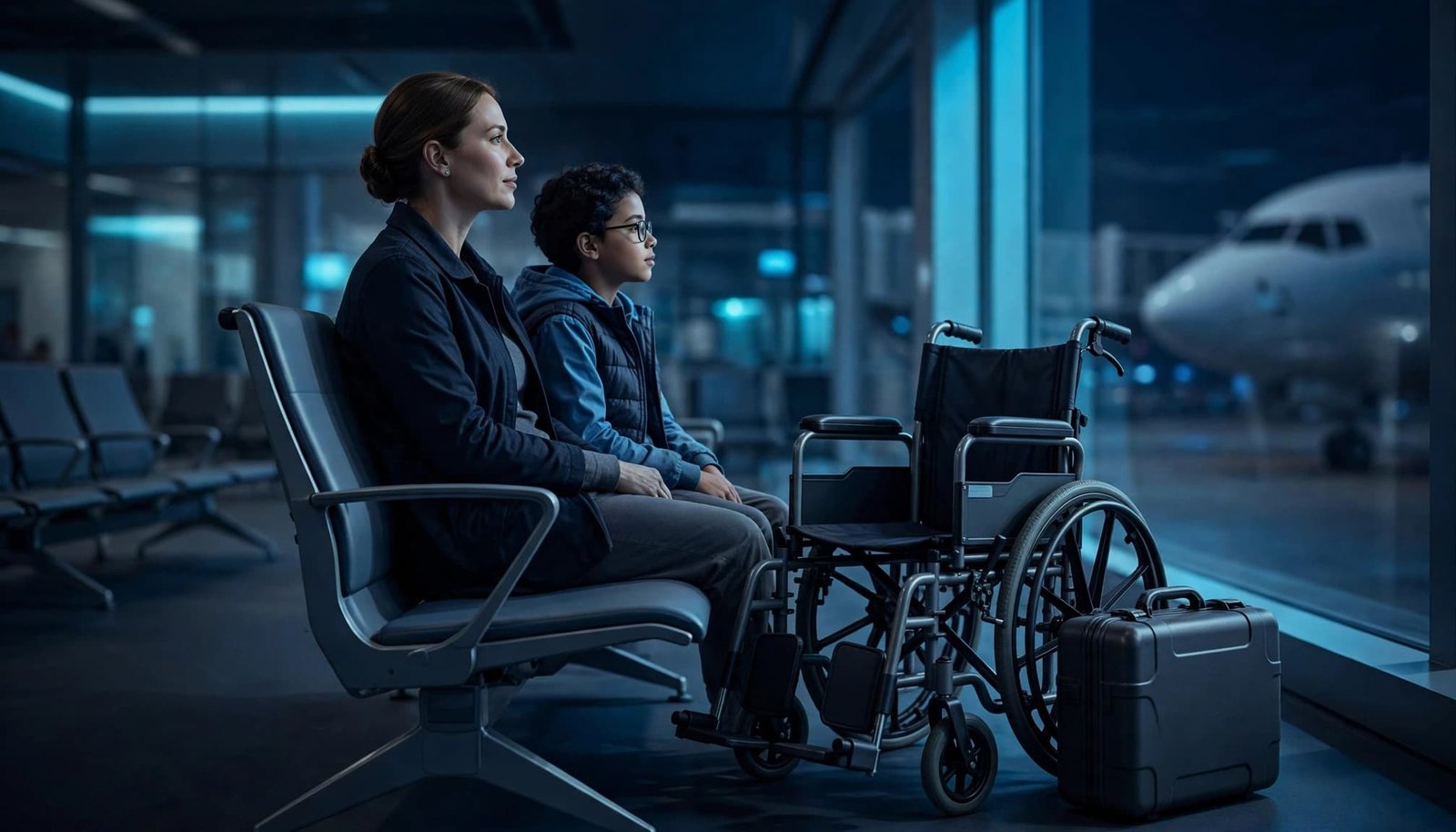 A parent and child sit beside a wheelchair and closed equipment case at an airport gate.