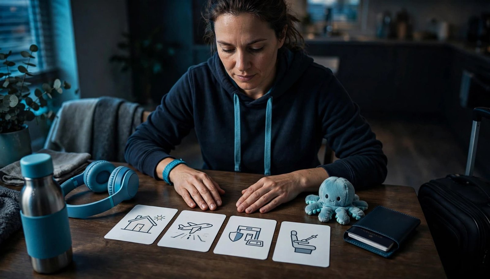 Parent organizes airport travel items on a table with cards, headphones, and a carry-on.