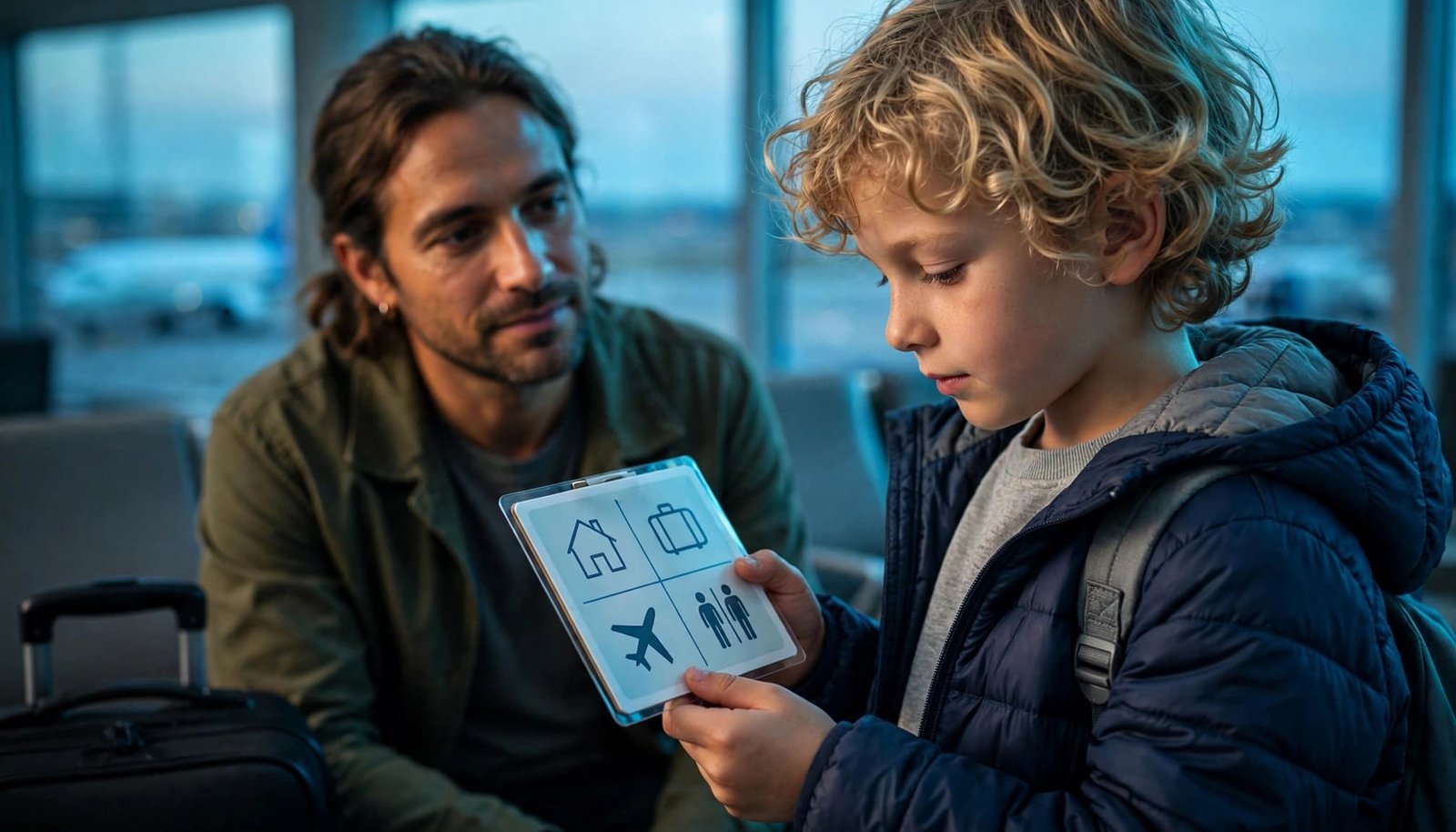 Build a Flexible Visual Schedule for Family Travel A parent and child use a picture schedule at an airport gate.