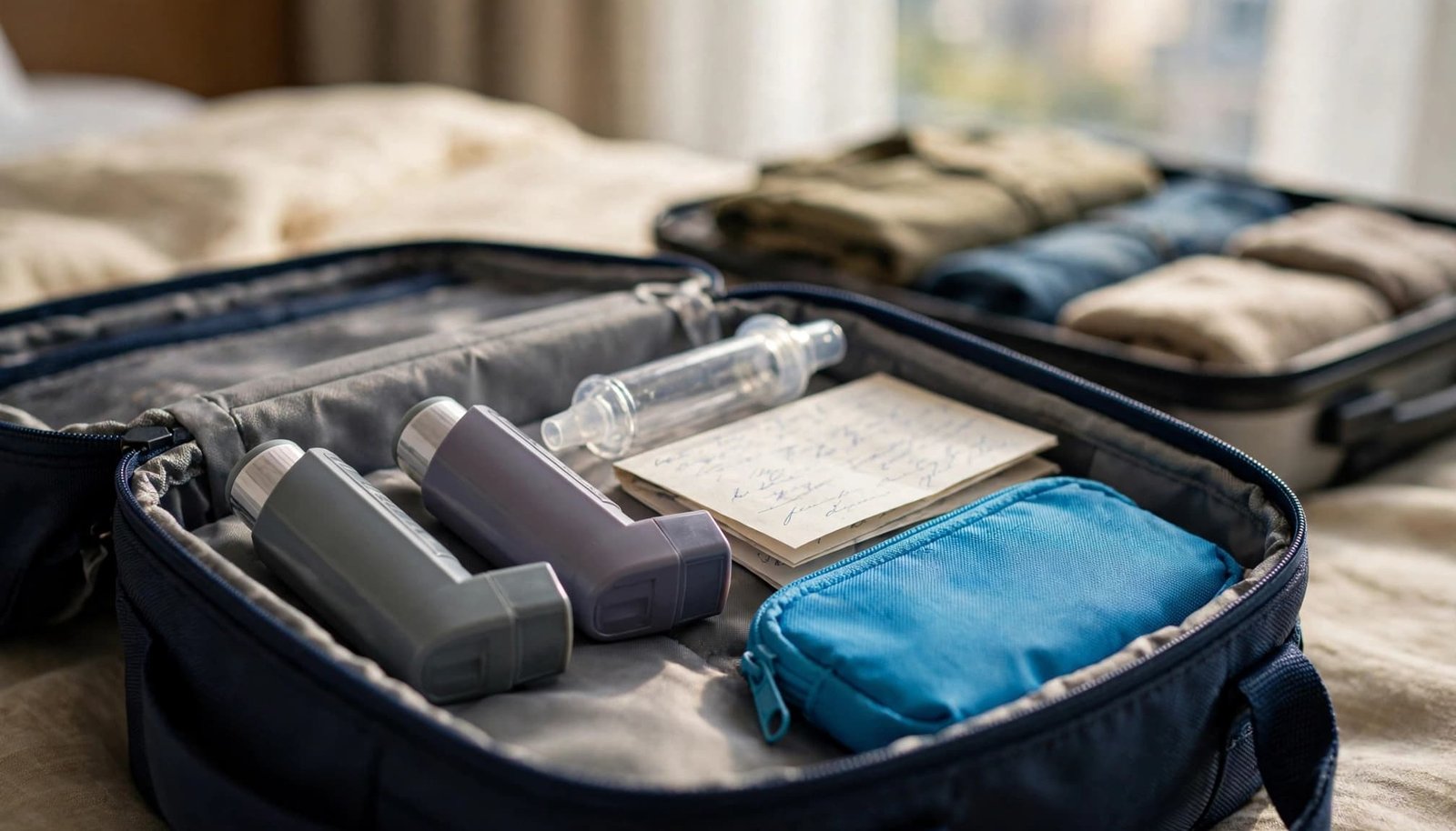 Two inhalers, a spacer, and a folded plan sit beside a blue pouch in an open suitcase.