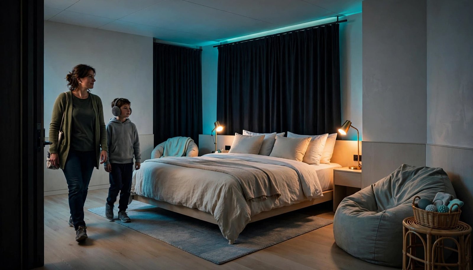 Autism-Friendly Hotel Room Setup for Family Vacations A parent and child enter a calm hotel room with sensory-friendly features.