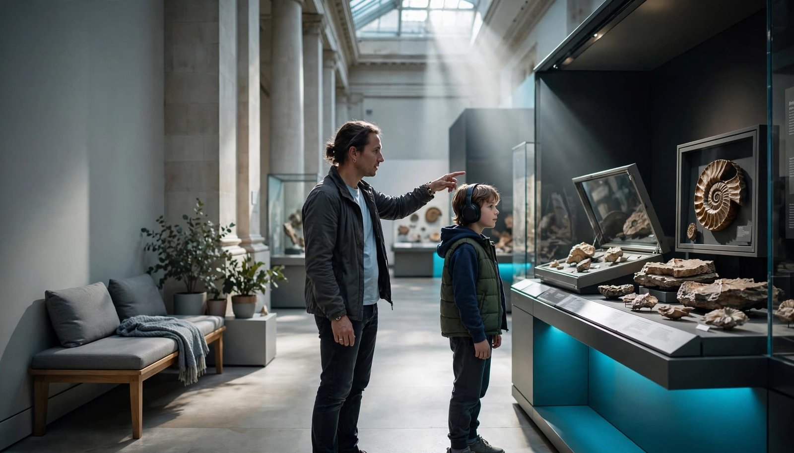 A child with headphones visits a museum exhibit with a parent beside a quiet seating area.