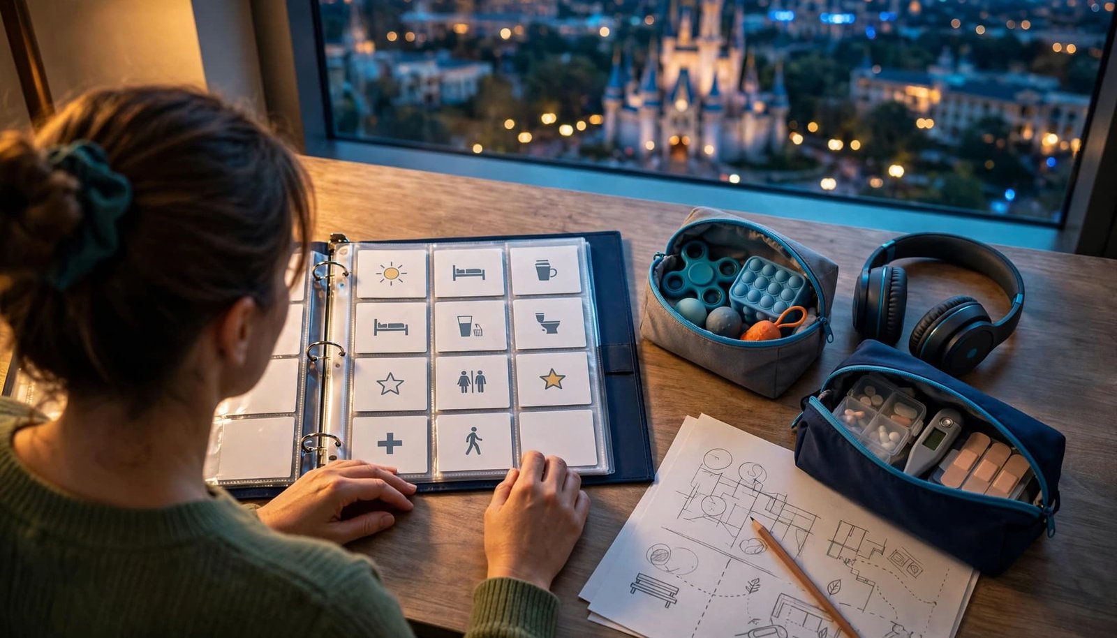 Disney Autism Vacation Binder Checklist for Every Caregiver Caregiver arranging a travel binder and sensory supplies on a hotel table.