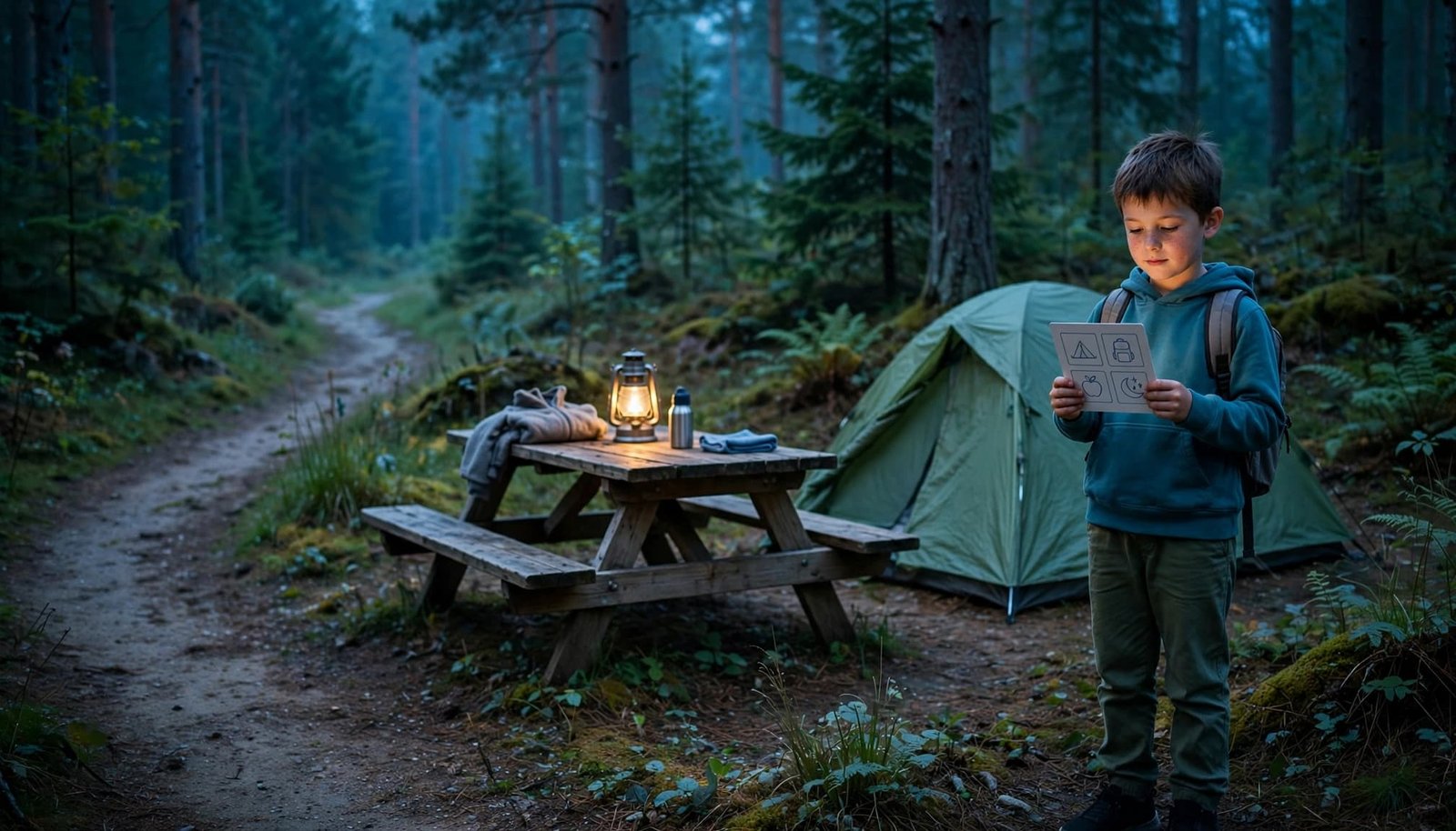 Autism-Friendly Camping Trips That Fit Your Family A child holds a visual schedule beside a tent at a quiet wooded campsite.