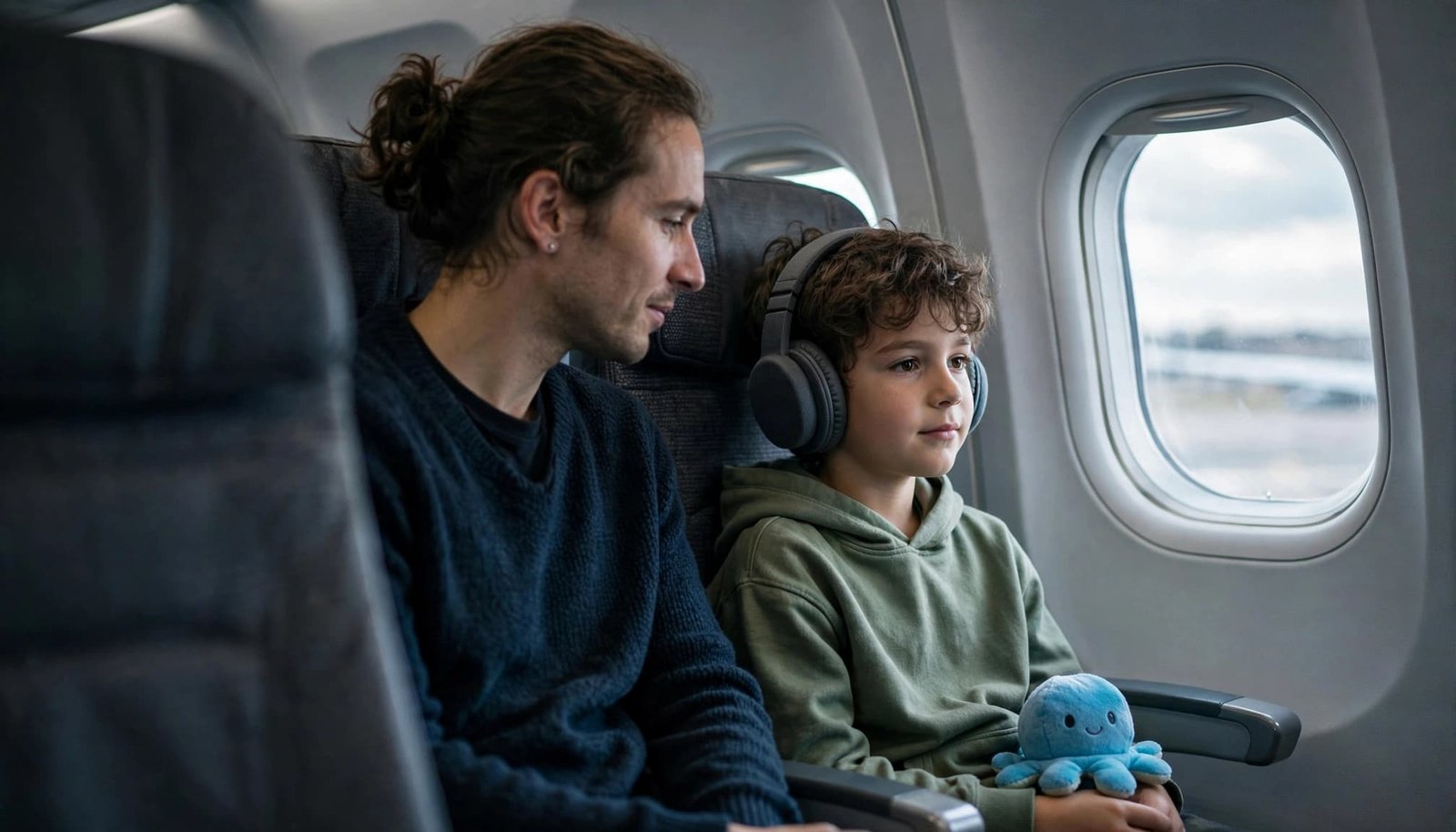 A child in headphones sits beside a parent by an airplane window.