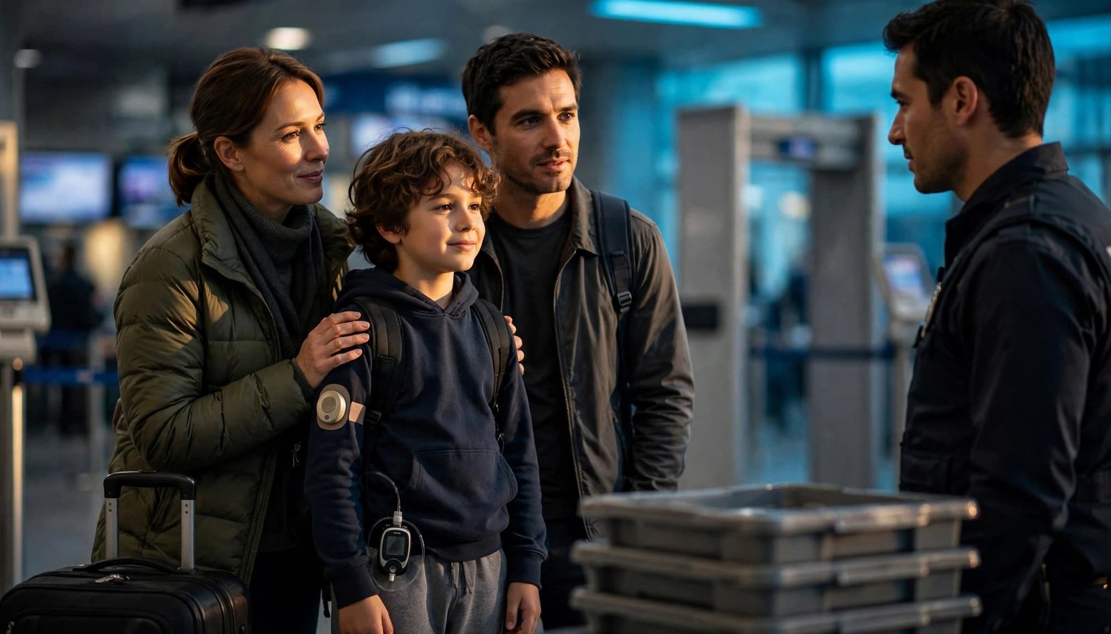 Traveling With Type 1 Diabetes: A Family Vacation Guide A family calmly speaks with an airport security officer while a child wears diabetes devices.