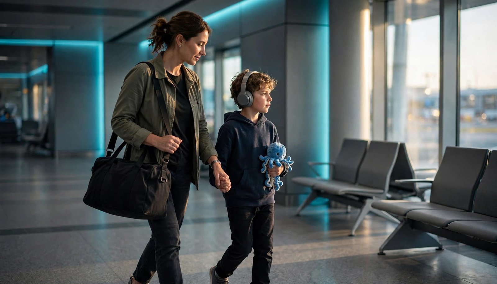 Parent and autistic child walk through an uncluttered airport with headphones and a sensory item.
