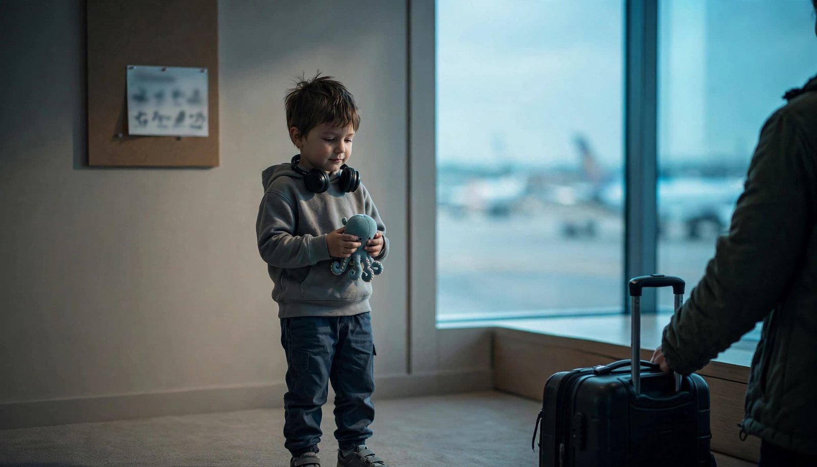 Autism-Friendly Jet Lag Planning for Family Vacations A child holding a soft sensory item beside a suitcase in a quiet airport room.