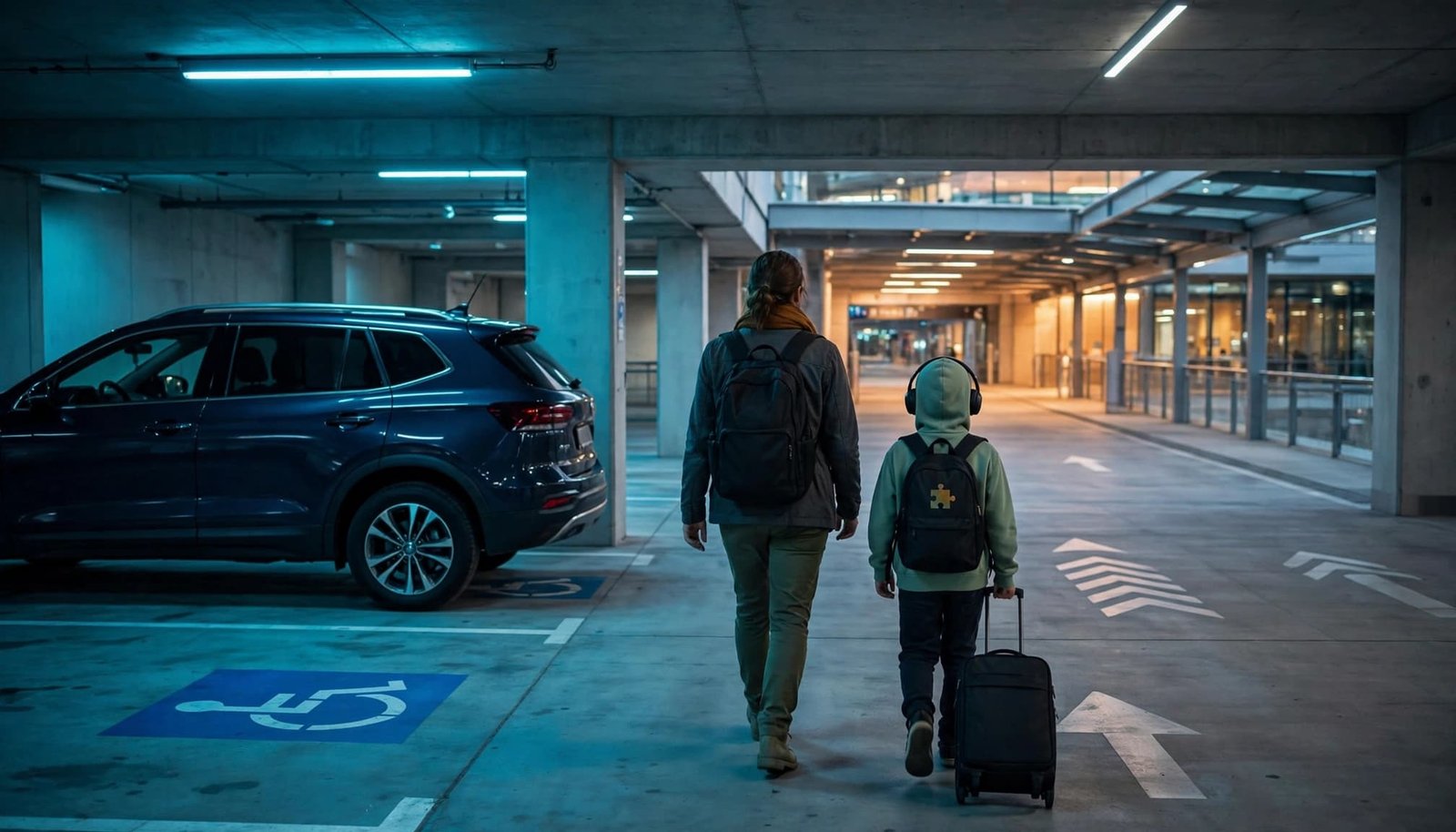 A parent and child walk with a suitcase from accessible airport parking toward the terminal.