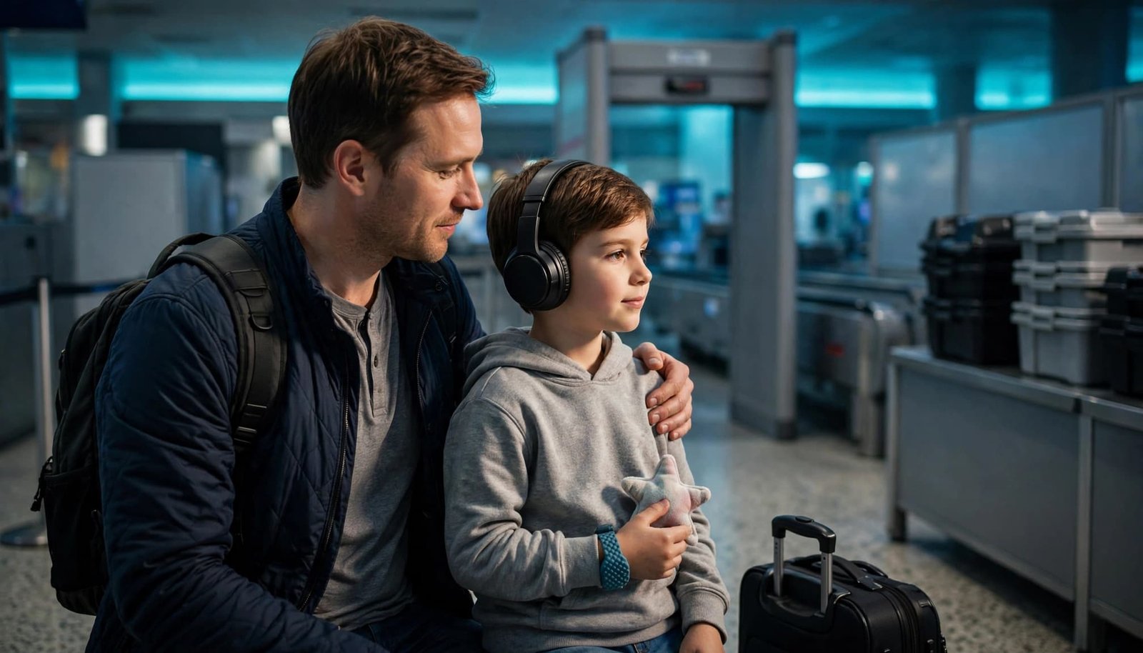 TSA Cares Autism Support: A Calmer Airport Security Plan A child and parent stand calmly beside airport security equipment with a small carry-on.