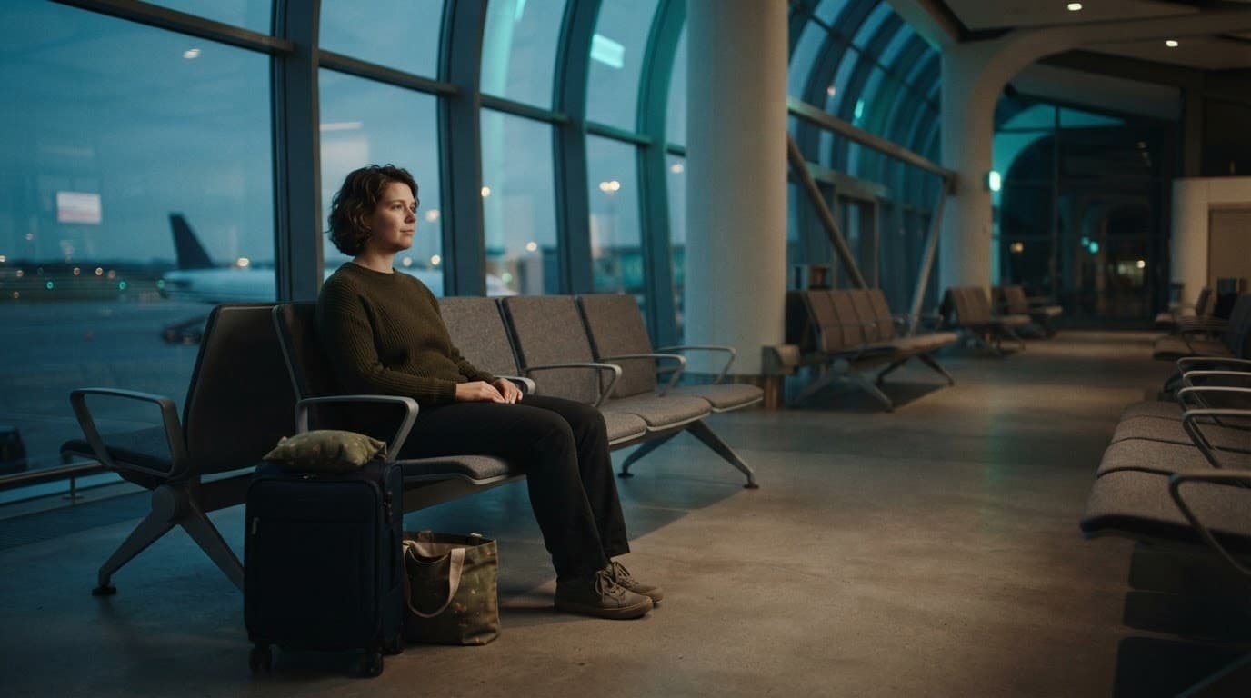 Autism-Friendly Vacation Planning for Autistic Adults Traveler sits at a quiet airport gate with a carry-on bag and comfort pouch.