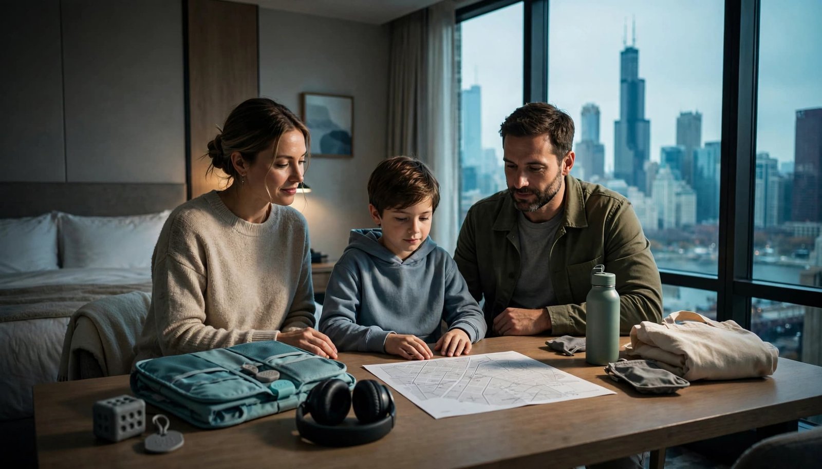 Autism-Friendly Chicago Travel Guide for Families Two parents and a child prepare travel items in a quiet hotel room with Chicago visible outside.
