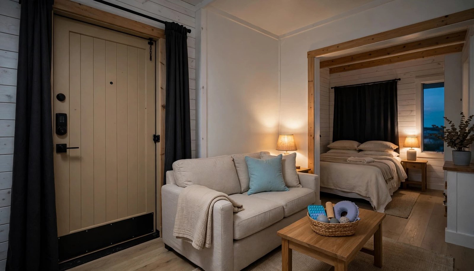 A calm cottage living room with covered lamps, blackout curtains, a sensory basket, and a secured door.