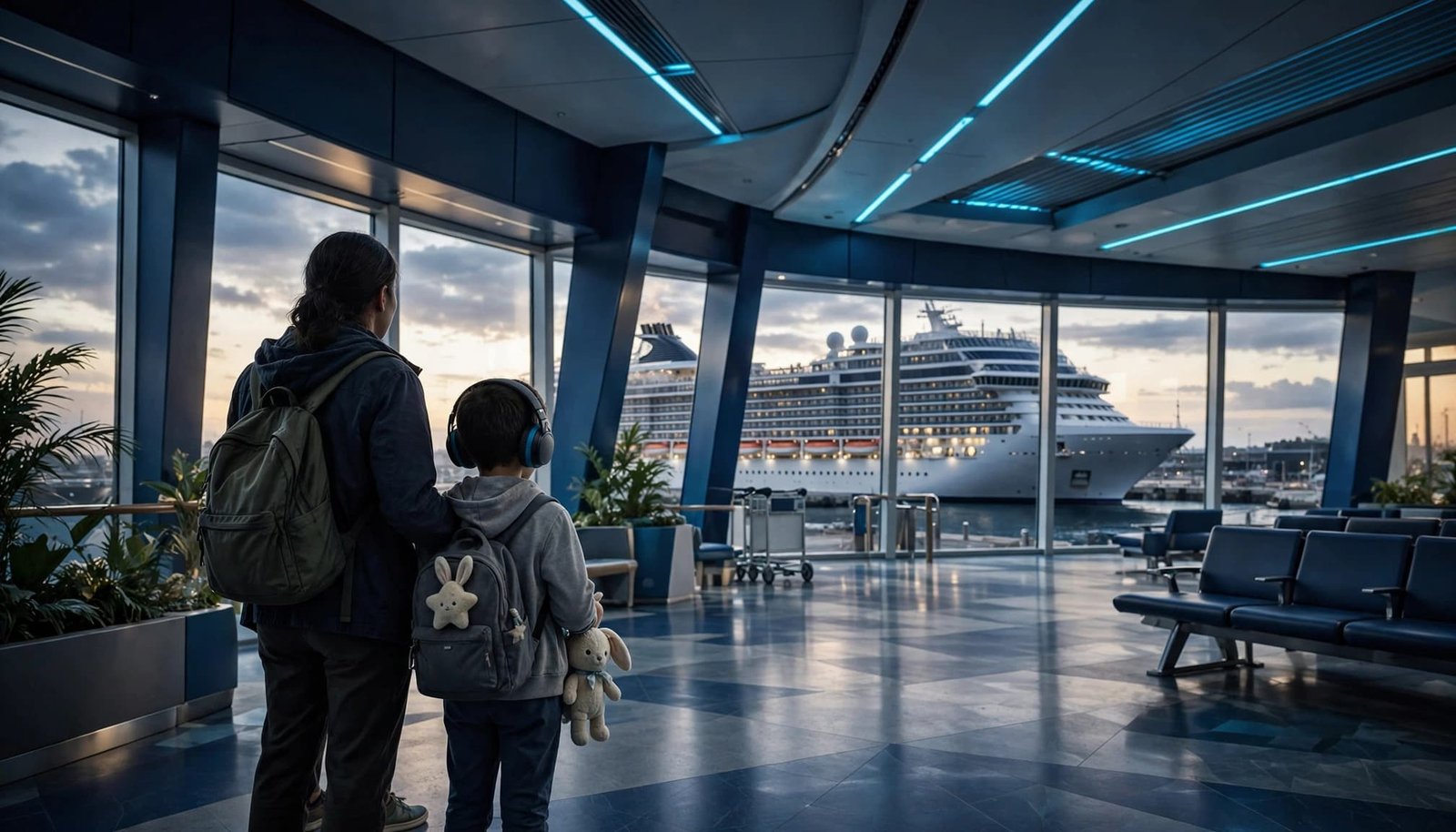 A parent and child with headphones stand in a terminal facing a cruise ship.