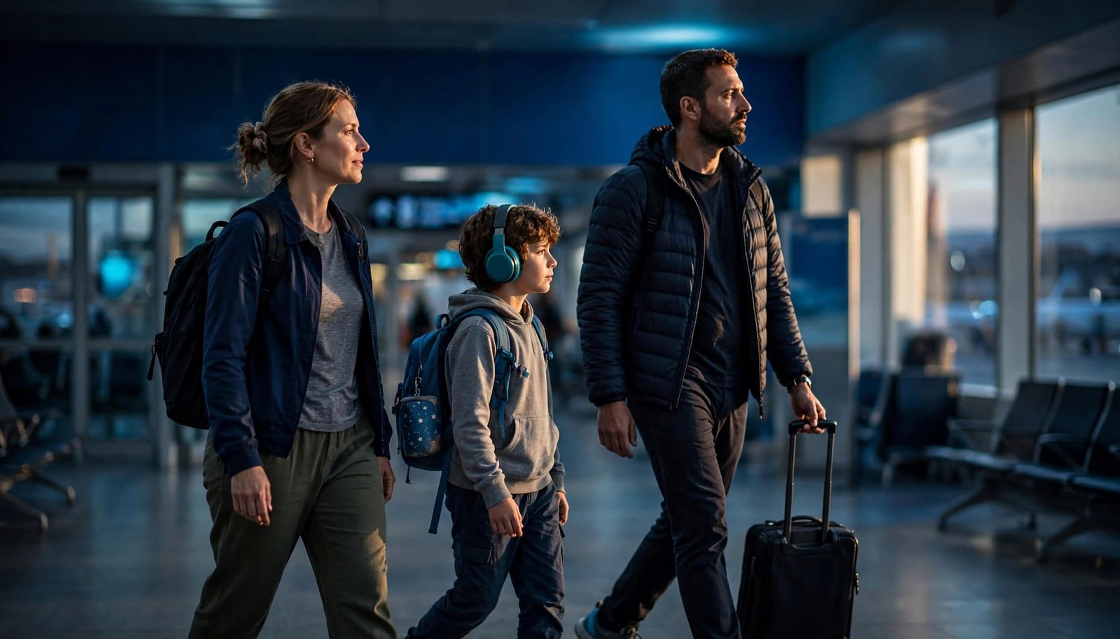 A family of three walks through an airport with a carry-on and headphones for the child.