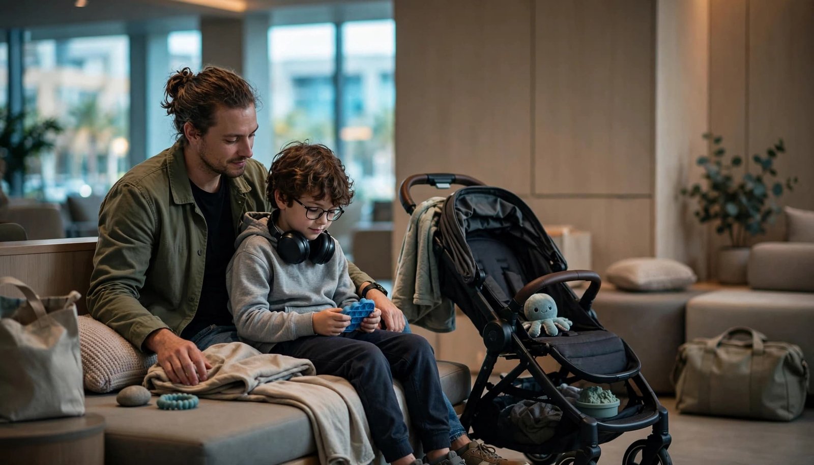 Autism-Friendly Orlando: A Family Guide Beyond the Theme Parks A parent and child relax in a quiet lounge beside a stroller and soft sensory objects.