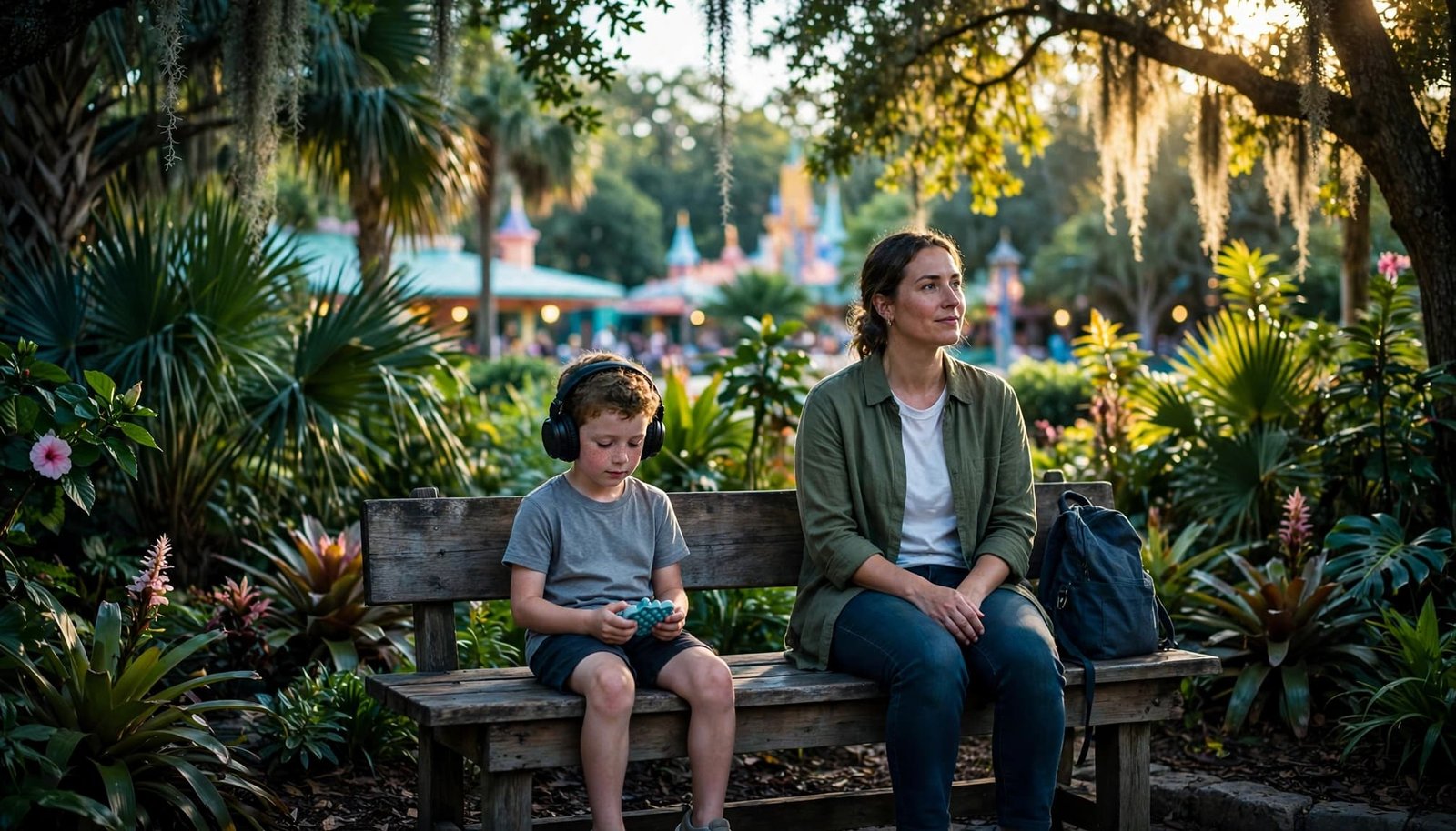 Disney Autism Vacation Binder Checklist for Every Caregiver A child in headphones takes a quiet garden break beside a caregiver.