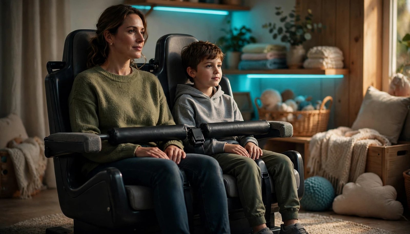 Disney Ride Restraints: Prepare Autistic Kids Before Arrival Parent and child calmly practice using a lap bar in a home playroom.