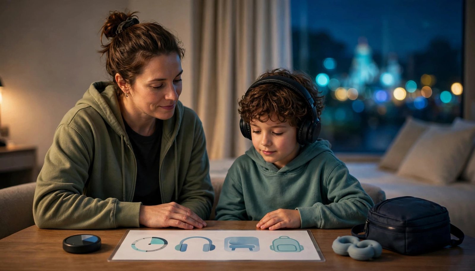 Disney Autism Waiting Without Pressure: A Family Plan Parent and child organize a park waiting plan in a quiet hotel room.