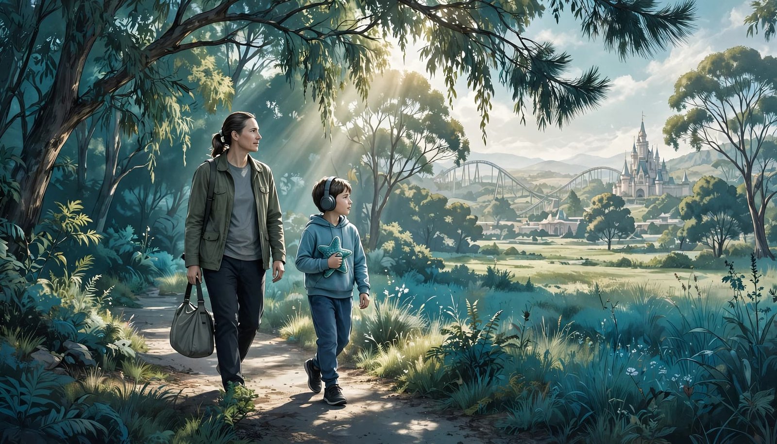Disney Autism Planning: Backup Plans for Park Days A parent and child walk on a quiet path near a theme park.