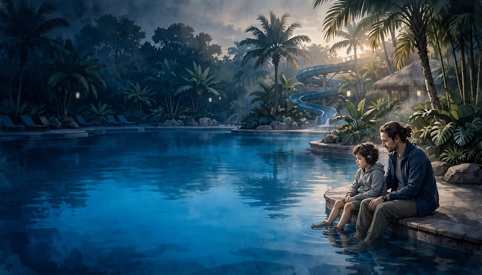 A child and parent stand together beside a calm resort pool.